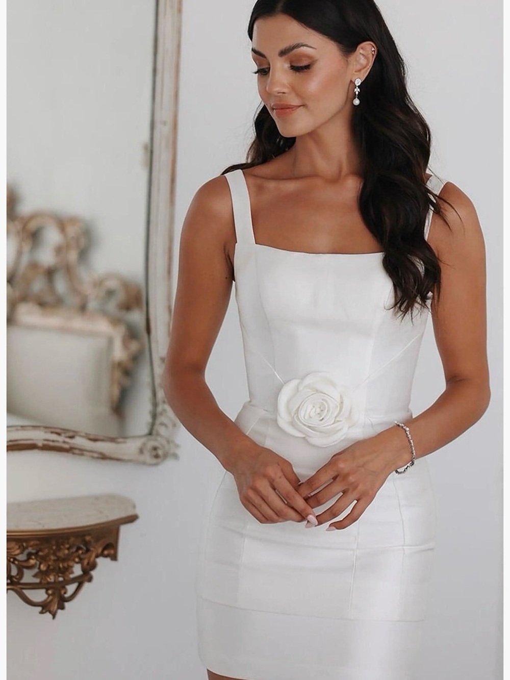 UNTAMED PETALS BY AMANDA JUDGE White Square-Neck Mini Dress with Floral Waist
